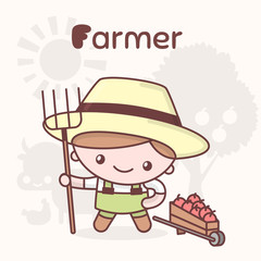 Cute chibi kawaii characters. Alphabet professions. Letter F - Farmer.