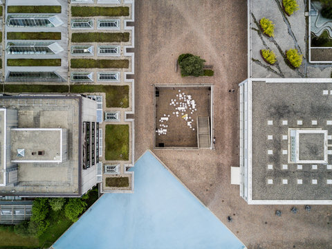 Aerial view of university buildings