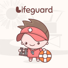 Cute chibi kawaii characters. Alphabet professions. Letter L - Lifeguard