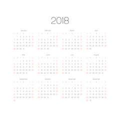 Vector calendar - Year 2018. Week starts from Sunday. Simple flat vector illustration with black numbers and letters on white background. Saturdays and Sundays highlighted by red.