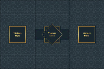 Vintage pattern on black background. Seamless pattern with golden frame for design in retro style. Universal pattern for wallpapers, textiles, fabrics, wrapping papers, packaging boxes etc
