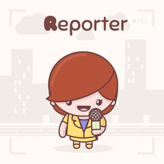 Cute chibi kawaii characters. Alphabet professions. Letter R - Reporter