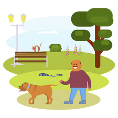 Obraz na płótnie Canvas Man walking with Dog in the Park. Flat Cartoon Character. Colorful Vector Illustration eps 10