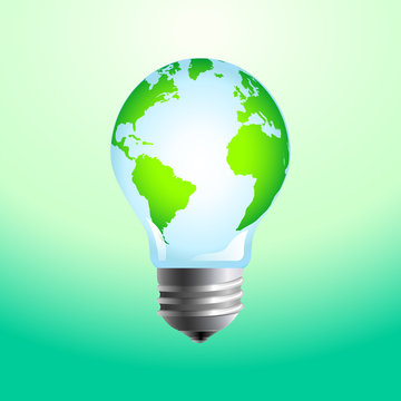 Planet Earth and light bulb concept as energy conservation and sustainable development symbol. Realistic vector illustration.