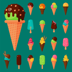 Sweet cartoon cold ice cream set and tasty frozen icecream collection vector delicious colorful desserts
