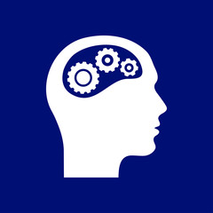 Thinking icon.  Silhouette of gear in head. Flat design style.