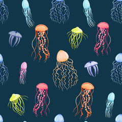 Naklejka premium Watercolor vector jellyfish pattern
