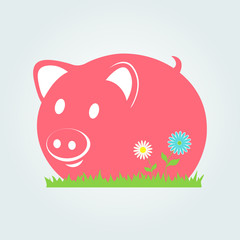 Cute pig on flower meadow