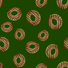 Fresh Sweet Donuts Seamless Pattern on Green Background. Delicios Tasty Glazed Donut. Cream Yummy Cookie.