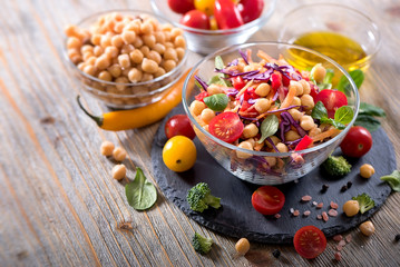 Vegan chickpea and veggies salad, healthy food, diet, vegetarian