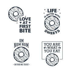 Hand drawn set of labels with textured donut vector illustrations and lettering.