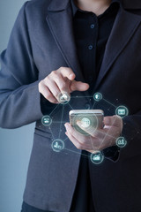 Business man using mobile payments online shopping with Mobile banking word and icon customer network connection on screen. Digital financial business concept