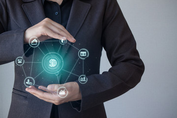 Online banking payment communication network digital technology application development mobile smartphone sync app: Close up hand business woman/ man holding mobile phone with Mobile banking icon flow