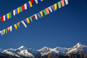 Buddhist prayer flags above the Indian Himalayas in Leh, Ladakh, India