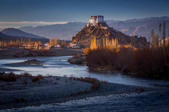 The Buddhist monastery of Stakna above Indus river in the Indian Himalaya in late autumn. Stakna, Ladakh, India
