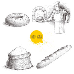 Hand drawn set bakery illustrations. Baker making fresh bread in stone oven, sesame bagel, fresh baguette and flour sack. Vector set isolated on white background.