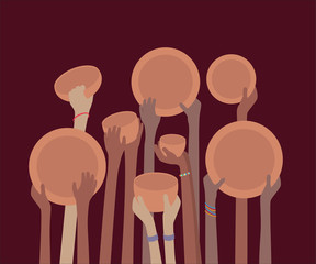 Poverty Striken Starving Famine Hands with Empty Plates and Bowls
