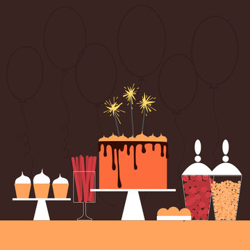 Birthday sweet table with cake. Dessert bar. Candy Buffet.  Vector illustration.