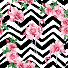 Photo sur Plexiglas Flamant Flamingo roses transparente motif fond noir blanc zigzag