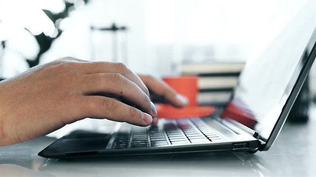 Businessman Working In Office, Typing On Keyboard. Slow Motion Effect