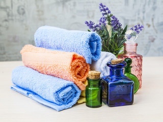 Care of a body in Spa. Cosmetics in vintage bottles