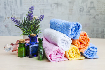 Care of a body in Spa. Cosmetics in vintage bottles