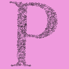 Flower type. Letter P. Hand drawn letter. Floral font.