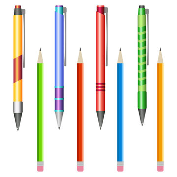 Set of multi-colored pens and pencils on a white background
