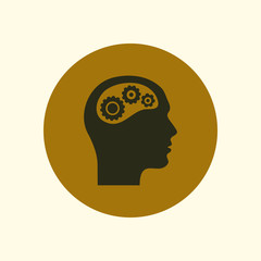 Thinking icon.  Silhouette of gear in head. Flat design style.
