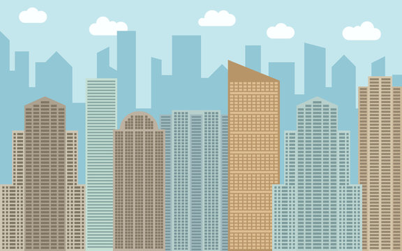 Vector urban landscape illustration. Street view with cityscape, skyscrapers and modern buildings at sunny day. City space in flat style background concept.
