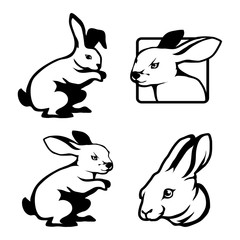 Set of four black  logo silhouettes of hare and rabbit, illustration isolated on white background, vector image of animals, fast bunny