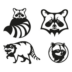 Set of four black  logo silhouettes of  raccoon, illustration isolated on white background, vector image of animals, thief, poloskun