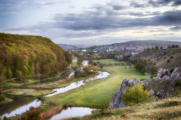 Panoramic view of Herbrechtingen and the river Brenz at early morning