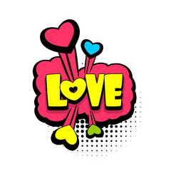 Lettering love, heart, boom explosion. Comics book balloon. Bubble icon speech phrase. Cartoon font label tag expression. Comic text sound effects. Sounds vector illustration.