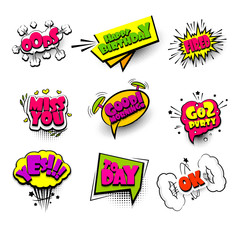 Ok oops, big set colored comic text sound effects pop art style. Collection vector bubble icon speech phrase, cartoon font tag expression, sounds illustration background. Comics book balloon