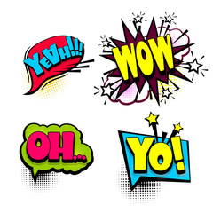 wow, oh, yeah big set colored sound effects pop art style. Collection vector bubble icon speech phrase, cartoon font expression, sounds illustration background. Comic book text balloon