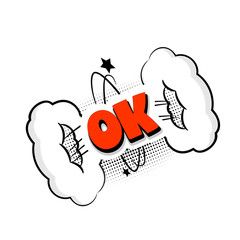 Lettering ok, good, yes, boom explosion. Comics book balloon. Bubble icon speech phrase. Cartoon font label tag expression. Comic text sound effects. Sounds vector illustration.