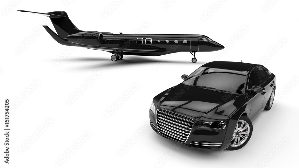 Aufkleber high class transportation / 3d render image representing an high class car with a black jet plane