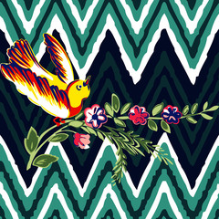Hand drawn bird flying with flower roses tropical vintage print, stripes zigzag pattern grunge retro background vector illustration design, fashion, shirt, textile, greeting card, invitation, wedding