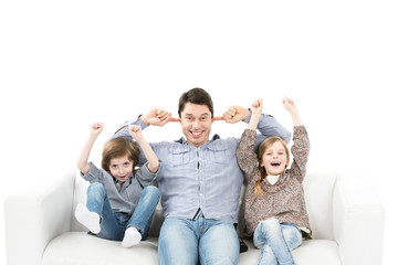 Emotions of the fans. Family emotionally watching game in the room.