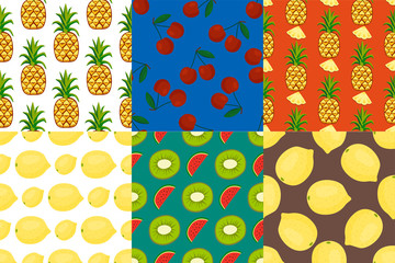 Cartoon fresh fruits in flat style seamless pattern food summer design wallpaper vector illustration.