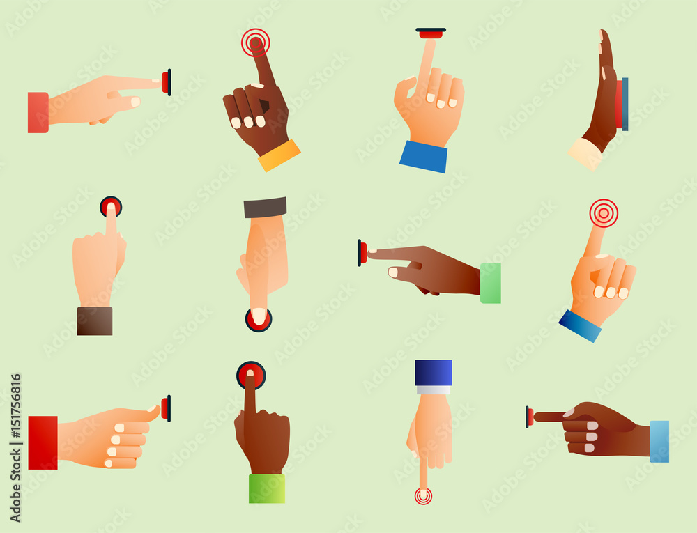Aufkleber hand press red button finger press control push pointer gesture human body part vector illustration.