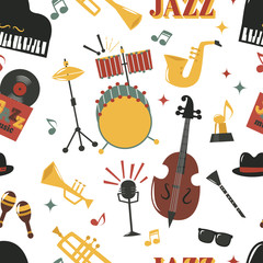 Fashion jazz band music party musical instrument design vector seamless pattern