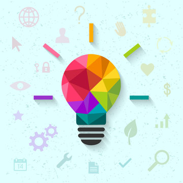 Creative idea concept with colorful light bulb and related icons in the background