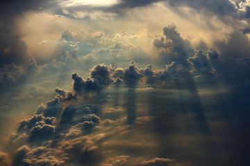 aerial view of blue cloud with light ray and sun beam