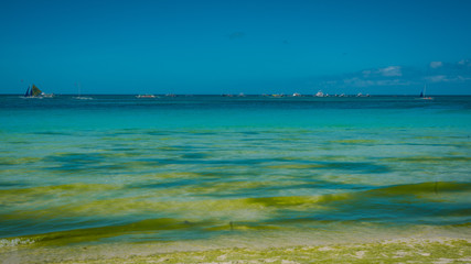 Fototapeta na wymiar Seaweed polluted water in paradise Boracay during February and May