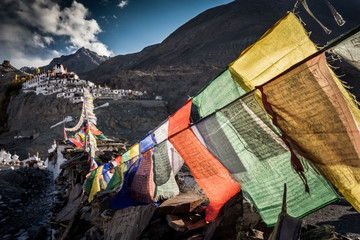 Buddhist prayer flags at Diskit monastery in the Indian Himalayas, Ladakh, India