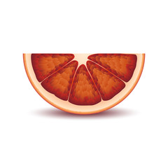 Isolated half of circle juicy red color bloody orange with shadow on white background. Realistic colored slice.
