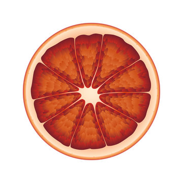 Isolated circle of juicy red color bloody orange on white background. Realistic colored round slice.