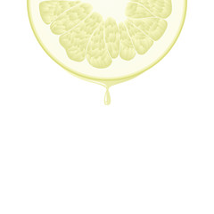 Isolated realistic colored half circle slice of yellow color juicy pomelo with drop of juice on white background.